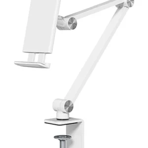 360 Degree Swivel Tablet Stand Holder Wholesale Metal Desk Clamp Secure for All Devices Adjustable Height - White