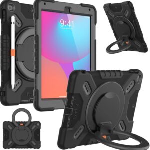 PEPKOO Triple Shockproof Case for iPad 9th/8th/7th Generation 10.2 inch 2021/2020/2019, Air 3rd Generation 10.5  Rugged Kid Cover with Pencil Holder/Handle Kickstand -Black